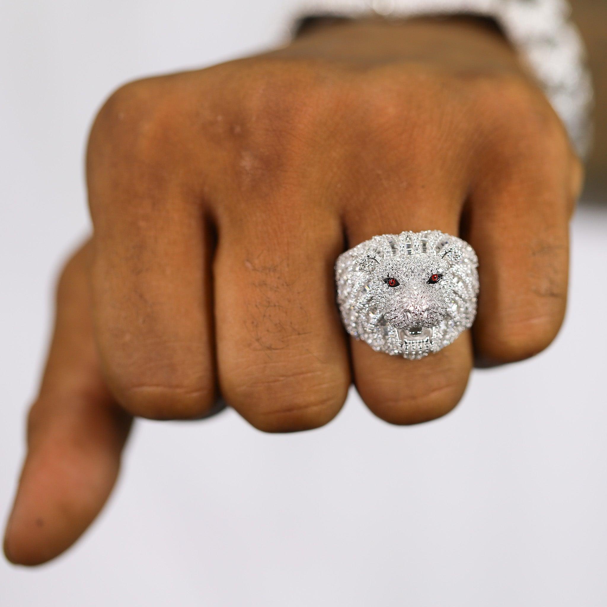 FULLY ICED Baguette LION VVS Moissanite Diamond Ring - Moissanite Bazaar - moissanitebazaar.com