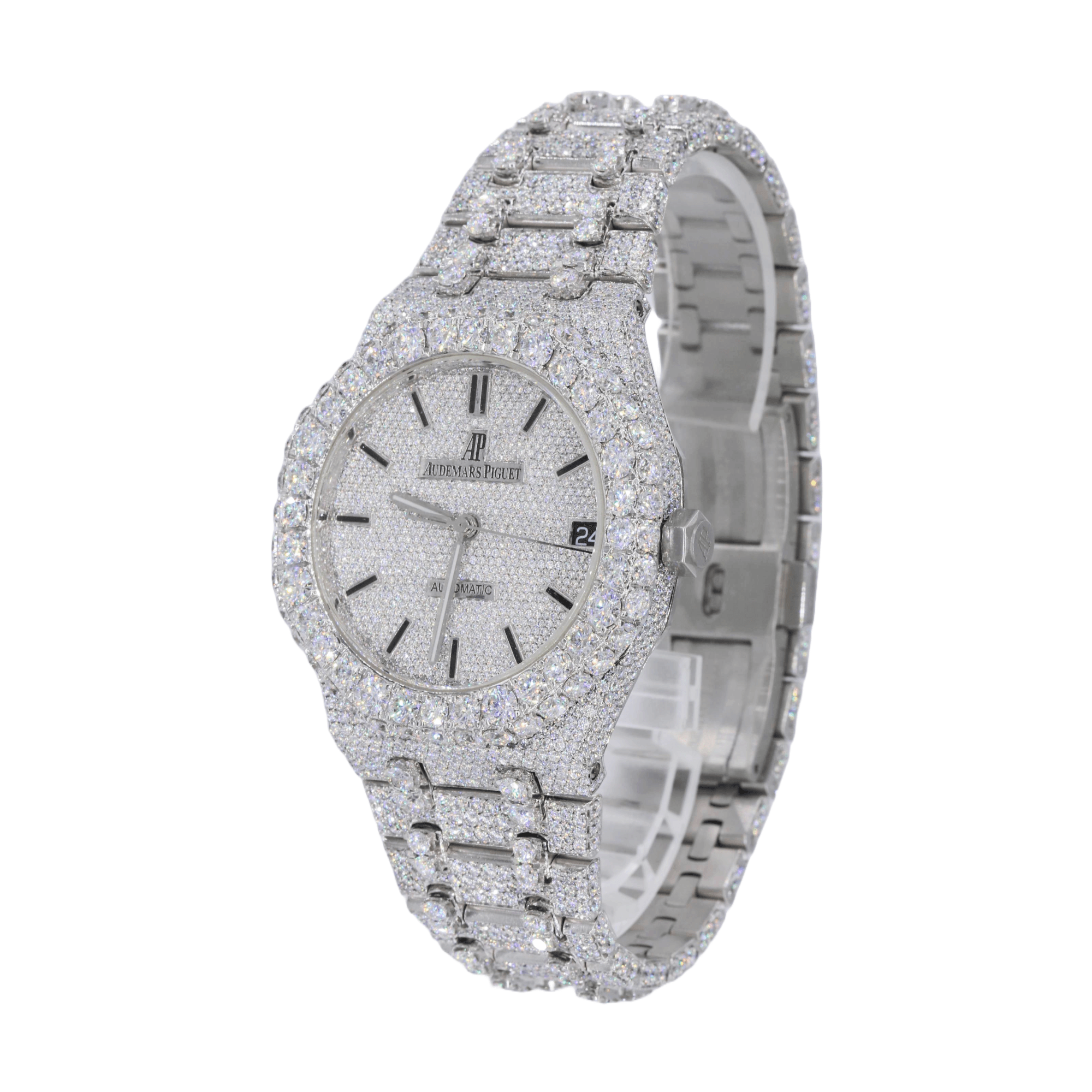 AP Stainless Steel 41MM Moissanite Diamond Watch 25CT Studded Band - Moissanite Bazaar - moissanitebazaar.com