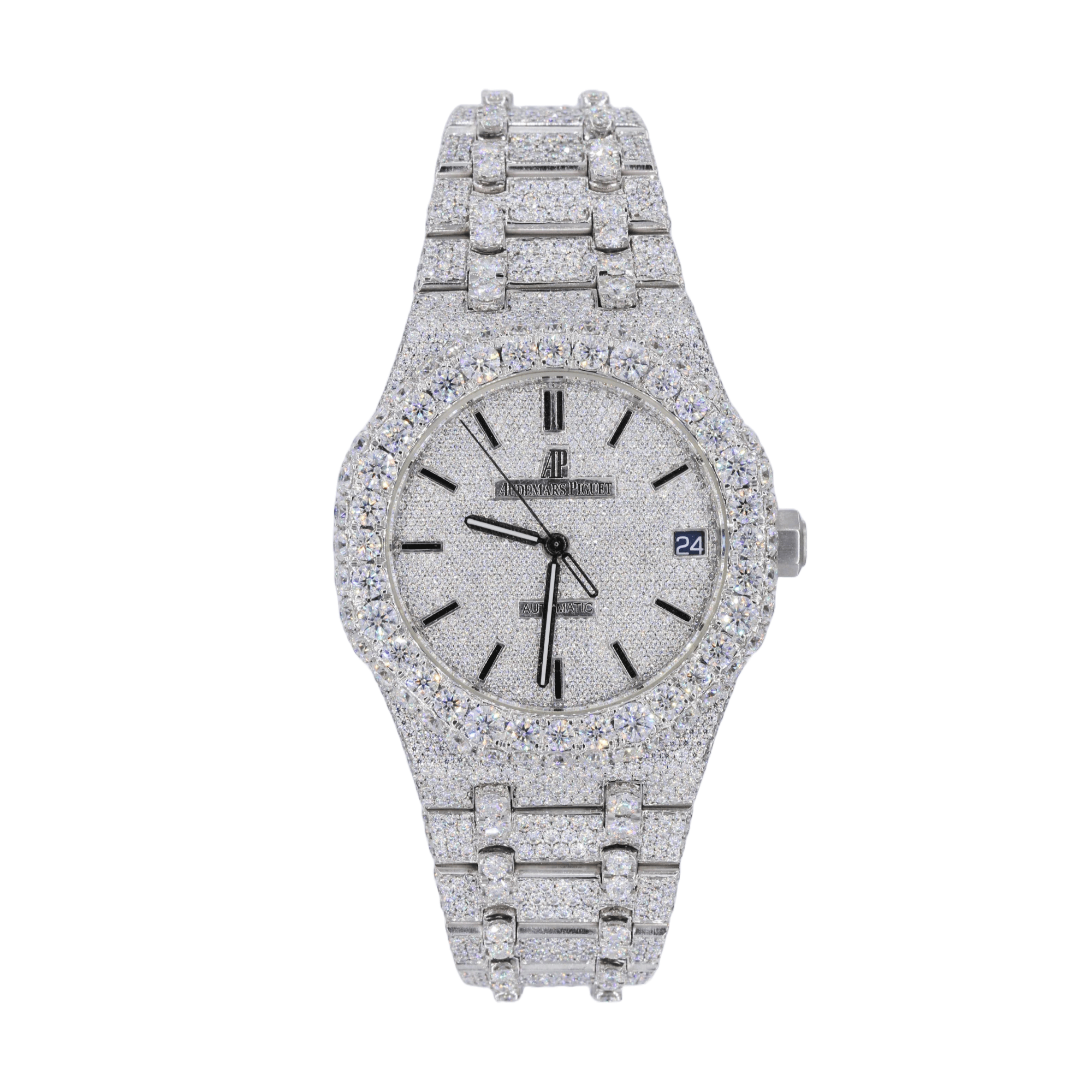 AP Stainless Steel 41MM Moissanite Diamond Watch 25CT Studded Band - Moissanite Bazaar - moissanitebazaar.com