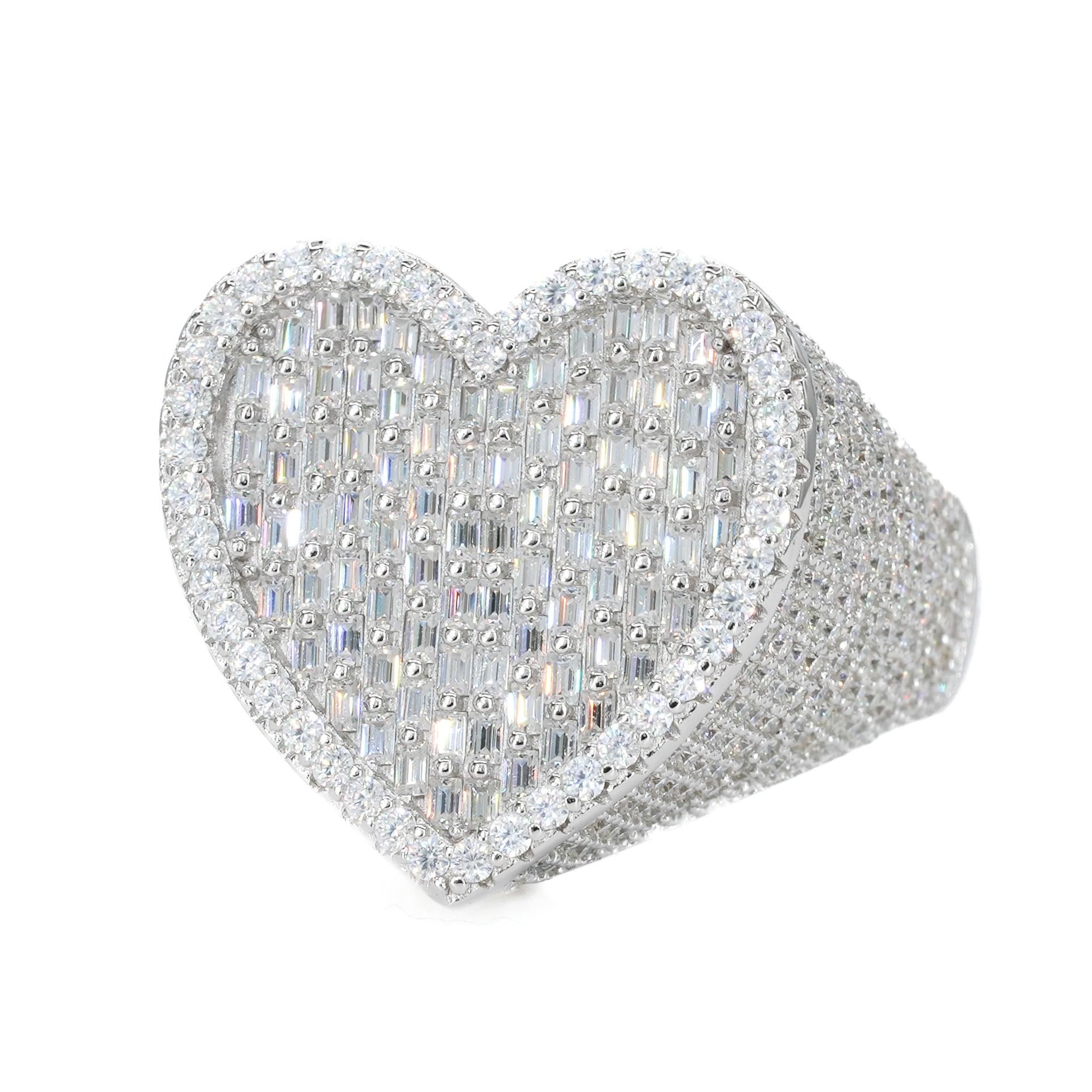 Iced Out Baguette Heart VVS Moissanite Diamond Ring - Moissanite Bazaar - moissanitebazaar.com