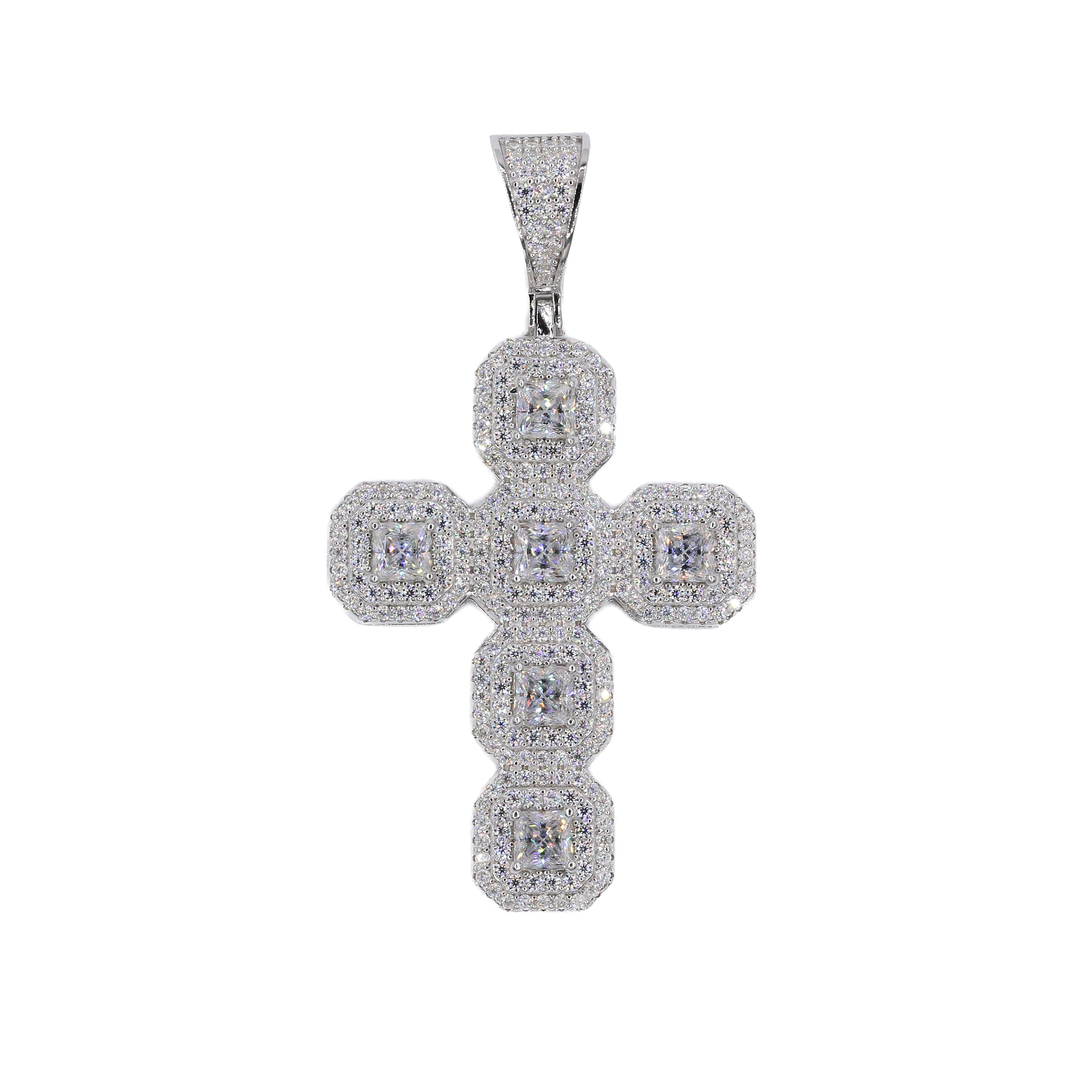 Princess Cut & Baguette Iced Cross VVS Moissanite Diamonds Pendant - Moissanite Bazaar - moissanitebazaar.com