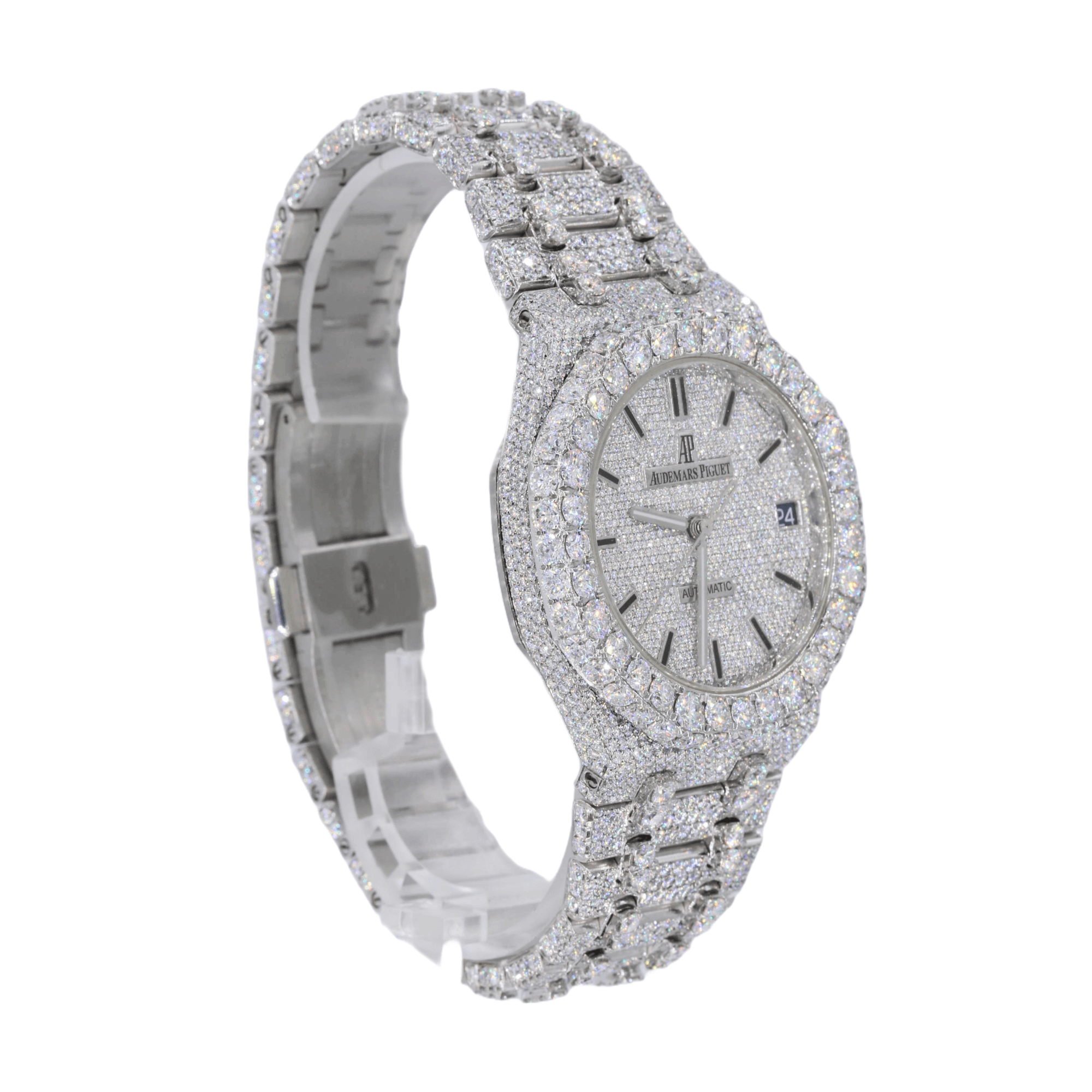 AP Stainless Steel 41MM Moissanite Diamond Watch 25CT Studded Band - Moissanite Bazaar - moissanitebazaar.com