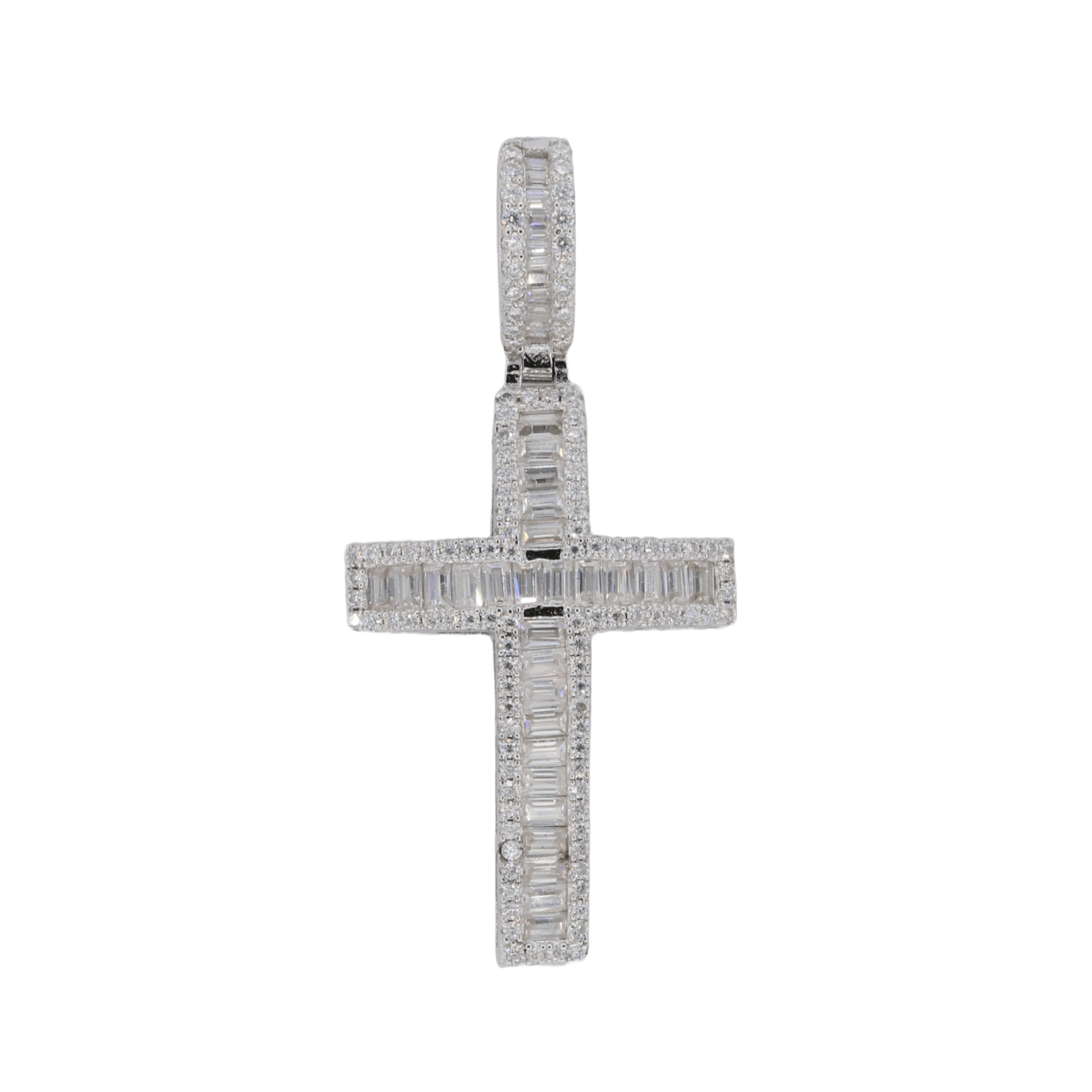 Curved Baguette Cross VVS Moissanite Diamond Pendant - Moissanite Bazaar - moissanitebazaar.com