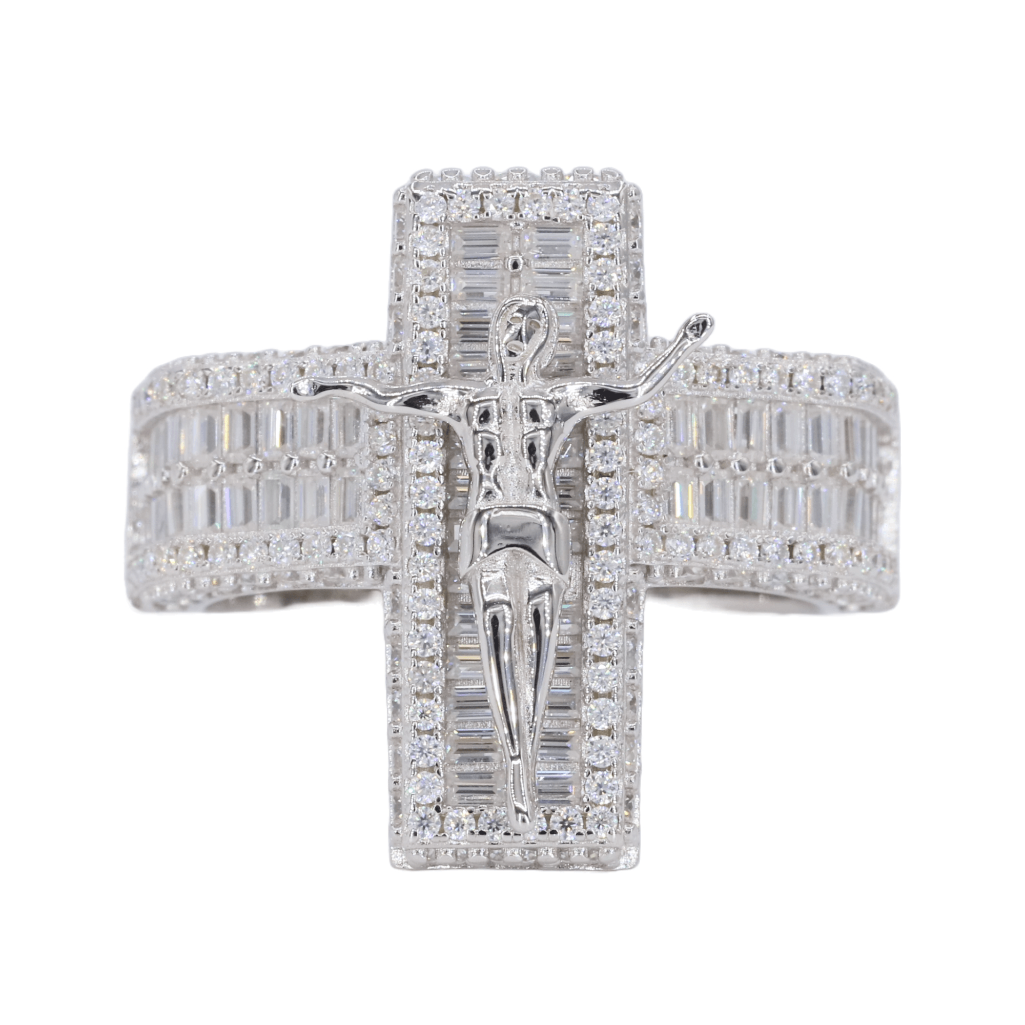 Baguette Jesus Cross VVS Moissanite Diamond Ring - Moissanite Bazaar - moissanitebazaar.com