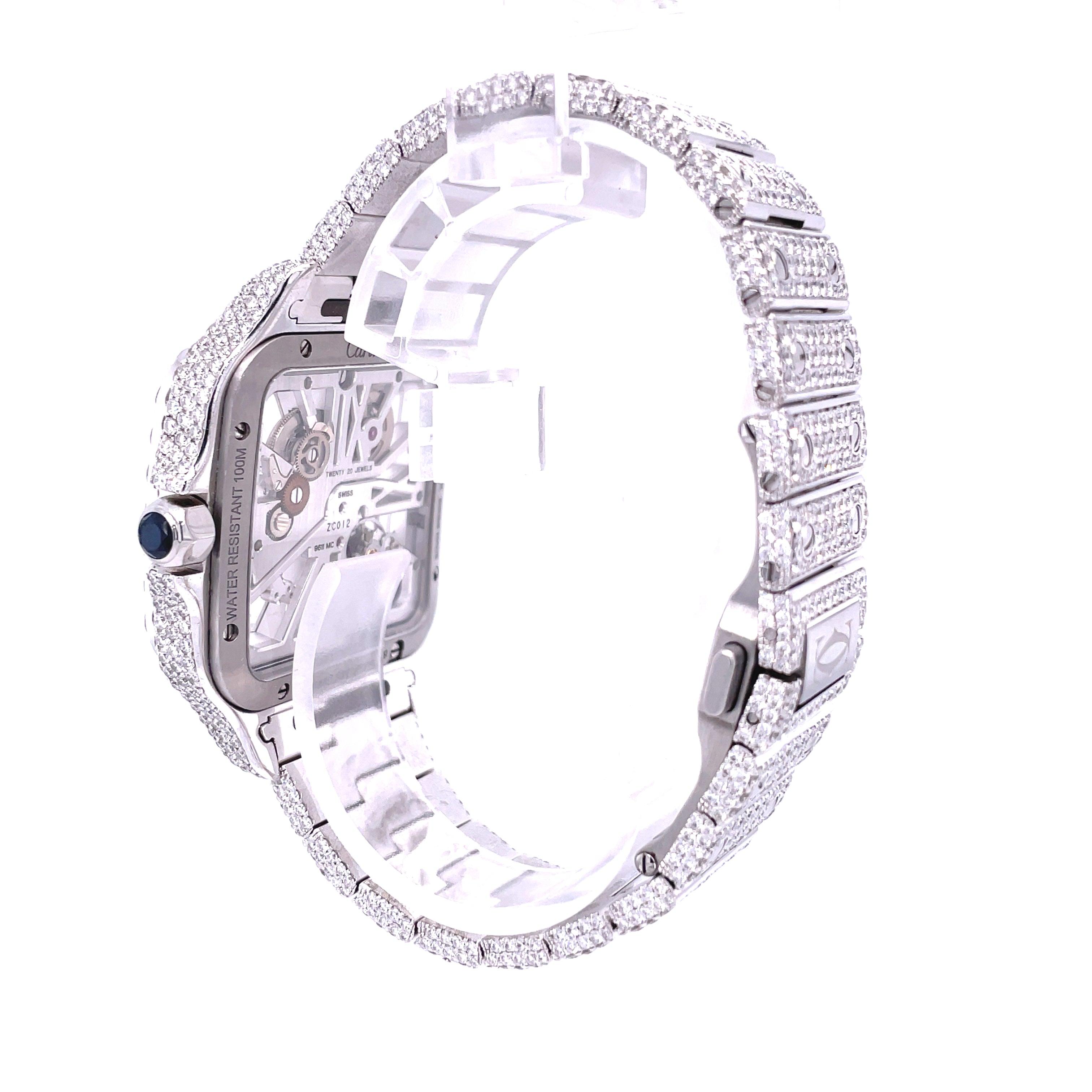 Cartier Santos Skeleton 41MM Moissanite Diamond Watch 20CT - Moissanite Bazaar - moissanitebazaar.com